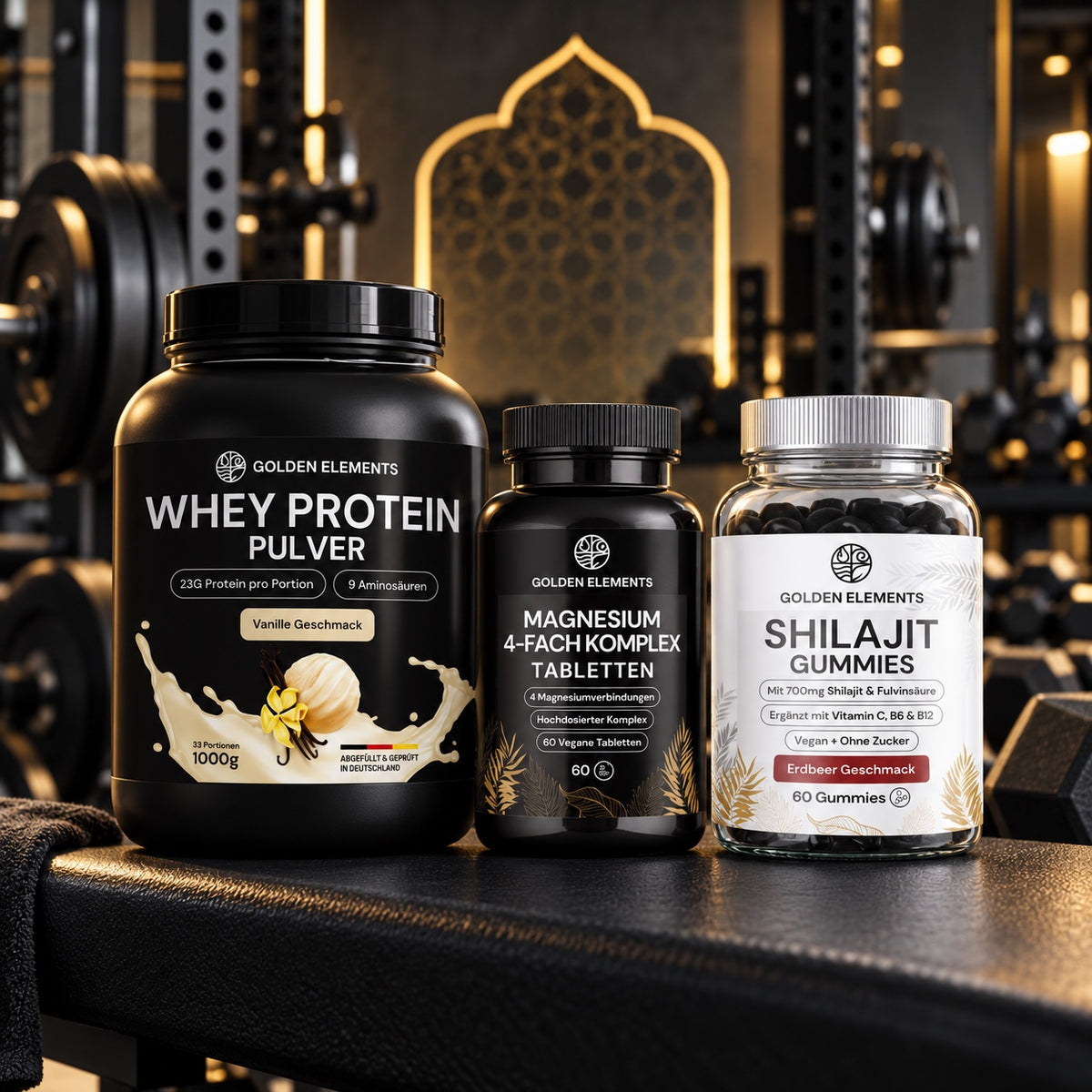 KI-generiertes Kampagnenmotiv für Halal Athlete Stack: Whey Protein, Magnesium 4-Fach Komplex und Shilajit Gummies im Fitnessstudio.